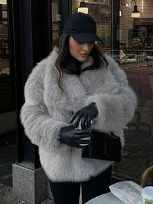 HH 女式仿皮草夹克优雅纯色翻领长袖外套休闲宽松女式冬季超大码淑女时尚街头风夹克