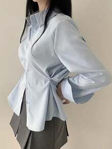 Camisa de mujer Camisa elegante y refinada de estilo coreano que estiliza la cintura, novedad de primavera. Camisa versátil de manga larga y corte holgado con botones. Camisa de manga larga, corte holgado y color liso que estiliza la cintura. Informal. - Azul - Ver 4