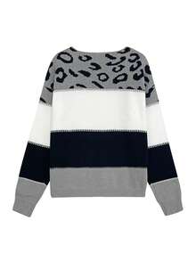 Women's Oversized Cute Colorblock Leopard Print Sweater, Casual Comfortable Ribbed Knit Crew Neck Long Sleeve Pullover Top - Multicolor - View 6
