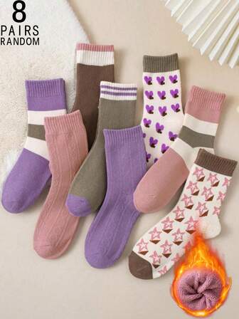 8 pares de calcetines térmicos de media pantorrilla con patrones lindos de corazones, estrellas y rayas para mujer, de moda y cálidos para otoño/invierno