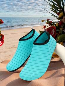 Light Blue Striped Casual Slip-On Shoes, Fresh & Minimalist Style, Lightweight & Breathable Design, Combining Comfort Of Casual Shoes And Convenience Of House Slippers, Suitable For Relaxing At Home, Pool Activities, And Short Trips, Shoes, Essential For Daily Wear - Mint Blue - View 3