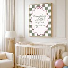 1pc Framed/Unframed Everything Is Better In Your Pyjama Canvas Poster Green Checkered Pink Bow Typography Quote Wall Art Print Minimalist Girly Room Aesthetic Decor Painting For Dorm, Living Room, Bedroom, Modern Home Decoration