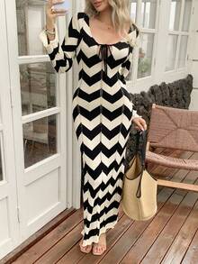 Women's Romantic French Retro Sexy Elegant Casual Vacation Comfortable Travel Contrast Color V-Neck Knitted Bow Tie Front Maxi Dress, Suitable For Daily, Evening Date, Beach, Country Music Festival, Brunch, Spring/Summer - Black and White - View 1