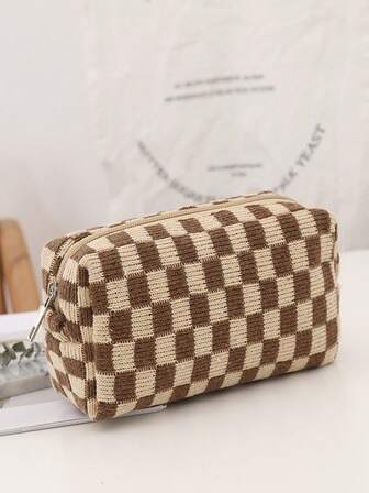 1 st. rutig brun & beige åttkantig handhållen sminkväska med stor kapacitet, schackrutig sminkväska, lämplig för plånbok, bärbar sminkväska med dragkedja, liten sminkväska, lämplig för resetillbehör, kaffefärgad, klassisk