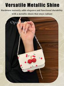 Fresh Cherry Print Mini Small Bag For Women, Foreign New Summer Cute Sweet Mini Lipstick Bag, Chain Crossbody Headphone Bag, PU Korean Fashion Version Of Small Square Bag, Fashion Chain Mini Coin Shoulder Crossbody Bag, Personalized Stylish Aesthetic Small Square Bag, Suitable For Daily Use, Travel Essentials, School Supplies, Travel Accessories - 彩色 - 查看 4