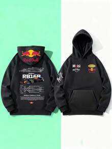 Red Bull RB16R F1 Racing Blueprint Print Hooded Sweatshirt, Comfortable For Fall/Winter, With Pockets, Washable, Perfect For Racing Enthusiasts, Suitable For Everyday, Outdoor, And Party Outfits. - 黑色 - 查看 1