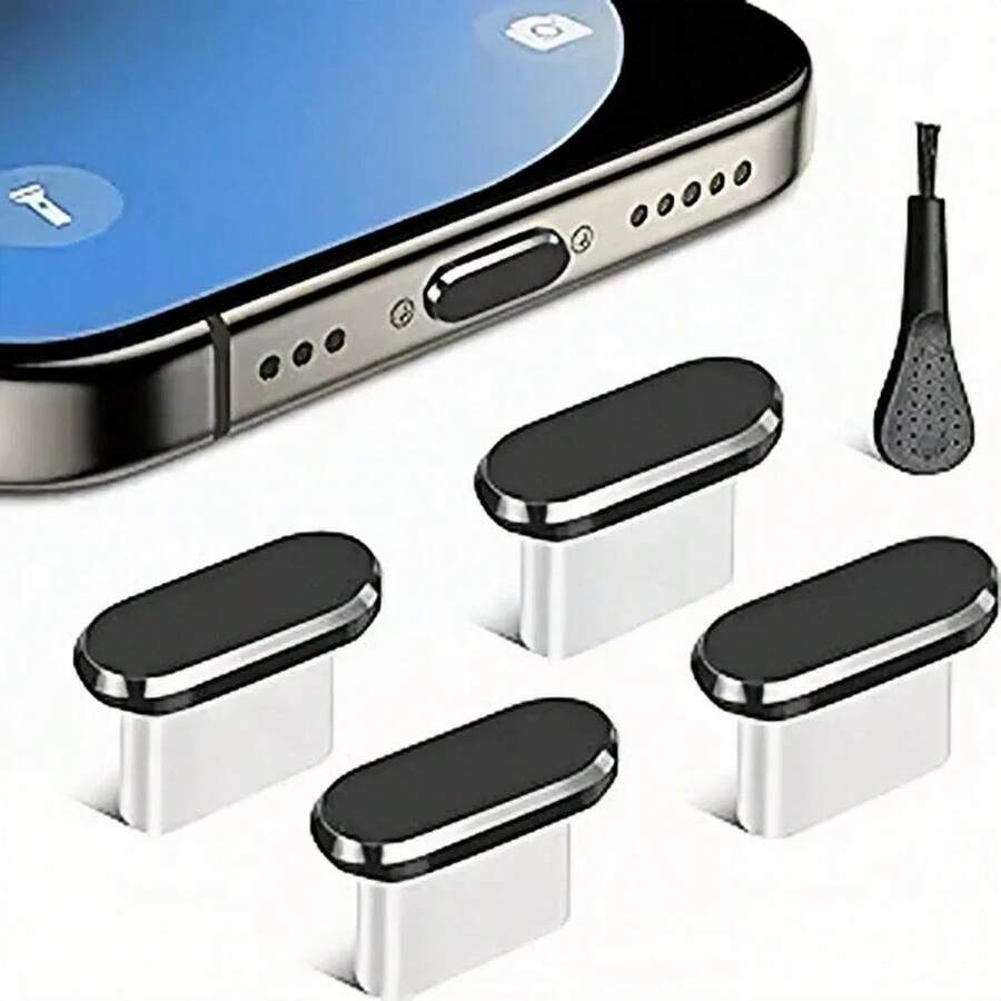 4个装 USB C 金属防尘塞 + 清洁刷套装 通用防尘端口盖 适用于小米智能手机和苹果所有 Type-C 手机