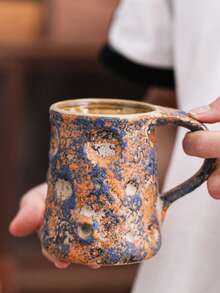 1pc 280ml Asymmetrical Handle Ceramic Latte Cup, High-Fashion Couple Water Mug, Personalized Milk Mug, Breakfast Cup With Latte Art, Creative Coarse Pottery Office Cup, Graduation Party Cup, Made In China Tea Set