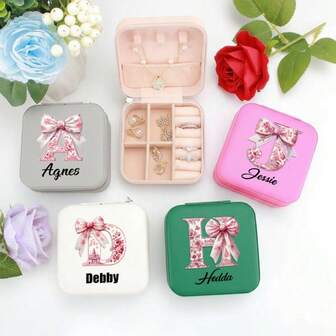 Custom Bow Letter Jewelry Box, Personalized Name Travel Jewelry Box, Bridal Party Gift, Bridesmaid Gift, Christmas Jewelry Box, Waterproof Large Capacity, Suitable For Earrings, Necklaces, Rings, Gifts For Girlfriend, Mom, Best Friend, Valentine's Day, Girlfriend Gift, Portable, Customized Gift, Personalized Gift