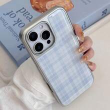 DECOPHONE 1个格子图案韩式时尚树脂电镀银边手机壳，兼容苹果/安卓系统，简约复古经典防水防震防摔防刮花 - 藍色 - 查看 1