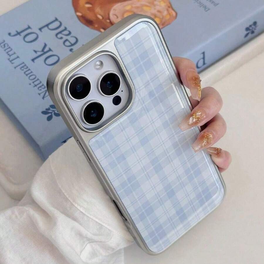 DECOPHONE 1个格子图案韩式时尚树脂电镀银边手机壳，兼容苹果/安卓系统，简约复古经典防水防震防摔防刮花 - 藍色 - 查看 1