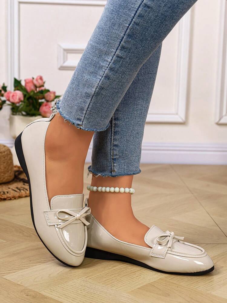 Women's Fashion Round Toe Bow Slip-On Shoes, Comfortable Commuting Versatile Ballet Flat Shoes, Suitable For Spring And Autumn, Plus Size - Apricot - View 2