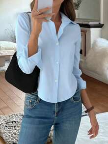 Letnia bluzka damska EARO z niebieskiego szyfonu, z długim rękawem, kołnierzykiem i zapięciem na guziki, zaokrąglony dół, uniwersalna do pracy, na nieformalne randki i dojazdy do pracy - Niebieski - Zobacz 1