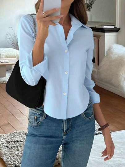  Camisa azul de manga larga y talla grande EARO, de corte regular, camisa con botones de unicolor para mujer, con tela ligeramente elástica