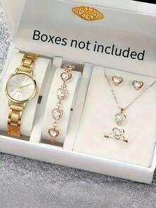 6 piezas Elegante Conjunto de Reloj de Cuarzo y Joyería, Reloj de Mujer Redondo de Moda, Collar de Cristal, Aretes, Anillo, Pulsera - Dorado - Ver 6