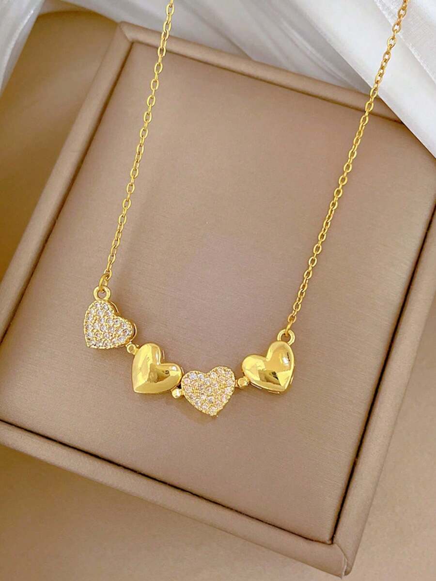 1件心形不锈钢项链，铜质全水晶项链，女士日常百搭项链，情侣礼物首饰，情人节礼物 - 金色 - 查看 1