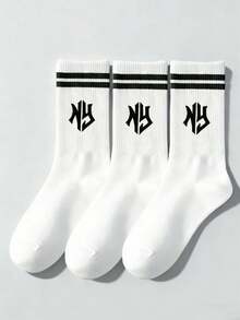1/3双随机黑白字母印花男女通用中筒袜，休闲运动袜，舒适时尚，适合日常穿着，四季皆宜，学院风 - 彩色 - 查看 3