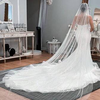 1pc Luxury Pearl Beaded Cathedral Bridal Veil With Train, Wedding Accessory