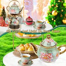 Juego de té de porcelana de 20 piezas con soporte metálico, ideal para adultos. Juego de té de cerámica europea para adultos. Juego de taza y platillo con diseño floral dorado, perfecto para fiestas. - Verde - Ver 5