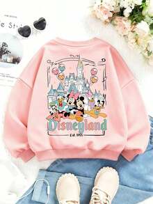 Disney Castle Mickey And Friends Print Fall/Winter Kids' Crewneck Sweatshirt Perfect For Girls' Everyday Play Long-Sleeve Top Ideal As A Christmas Gift - 粉色 - 查看 3