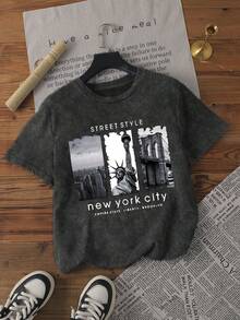 This Plus-Size Women's Summer Retro Washed T-Shirt Features Iconic New York Elements: The Empire State Building Skyline, The Statue Of Liberty, And The Brooklyn Bridge. The Black And White Patchwork Graphic Letter Print On The Short-Sleeved Crew Neck T-Shirt Is Casual And Simple, Suitable For Everyday Wear And Commuting. The Crew Neck And Short Sleeves Have Been Specially Treated To Create A "Washed" Effect, Making It Perfect For Summer Travel. - Black - View 9