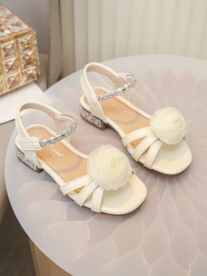 1 Pair Girls' Rose Flower Decor Sandals, Crystal Embellished Straps, Open Toe, Low Heel, Soft Comfortable Insole, Suitable For Weddings, Parties And Summer Outfits