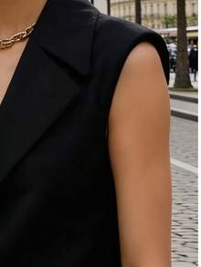 女士优雅舒适纯色口袋办公休闲背心外套，春夏秋季款 - 黑色 - 查看 4