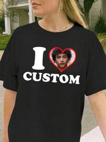 Customized Photo T-Shirt, Gift For Girlfriend/Wife, Valentine's Day Gift, Customize Face, Customize Women's T-Shirt - Add Your Own Text And Images (Family Photos/Selfies/Pet Photos/Friend Photos) To Design Your Personalized Printed T-Shirt, I Love Customized T-Shirt, Add Your Favorite Photos And Text (Girlfriend Photos/Couple Photos/Family Photos/Selfies/Pet Photos/Friend Photos),Customized Women Tops,Gym - màu đen - Xem 3