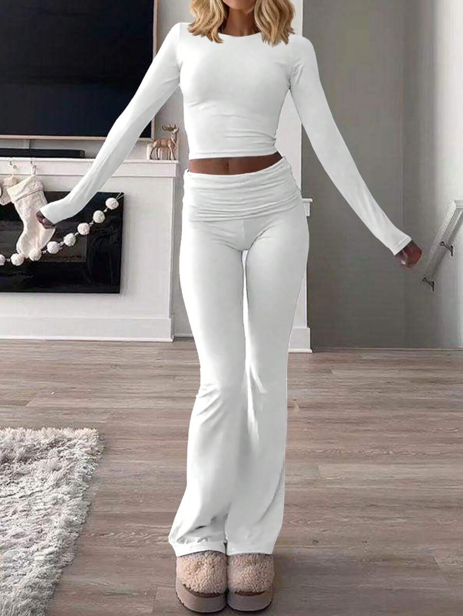 Women's Casual Round Neck Long Sleeve T-Shirt And Pants Set, Versatile For Spring - White - View 1