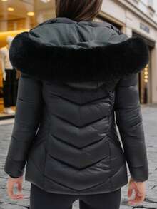 Women's Solid Color Warm Long Sleeve Winter Jacket - Black - View 3