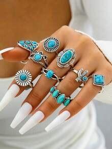 6pcs/7pcs/8pcs/13pcs Minimalist Bohemian Style Faux Turquoise, Heart, Oval, Geometric Cactus Creative Unique Women Jewelry Ring Set, Perfect Gift For Beach Vacation (Turquoise Texture Random) - 25356-blue - View 7