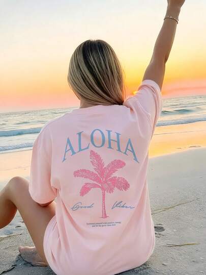 Women's Spring/Summer New Palm Tree Slogan Print Casual Round Neck Short Sleeve T-Shirt, Fashionable Resort Style, Your Daily Essential Item. Graphic Tee, Women's White Top, Black Top, Pink Top, Resort Outfit