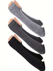 女士露指长袖针织臂套，肘长袖，哥特式拇指孔手套 - A - 查看 1