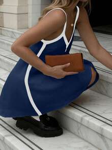 Women's Elegant Sexy V-Neck Camisole Color Blocking Vacation Style Navy Blue Short Dress, Spring/Summer Valentine's Day - Navy Blue - View 2