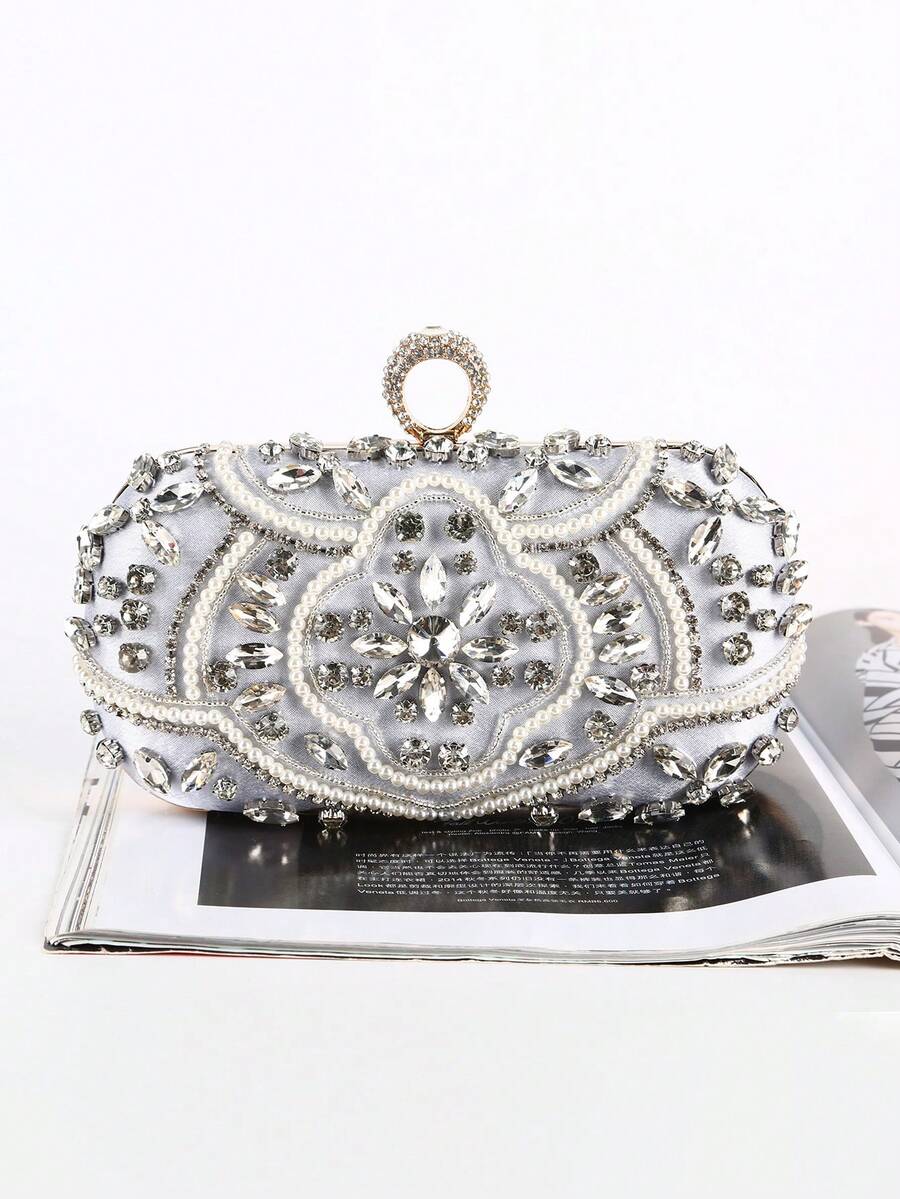 Nuevo bolso de noche con adornos de strass, bolso de mano formal hecho a mano con cuentas - Plateado - Ver 1