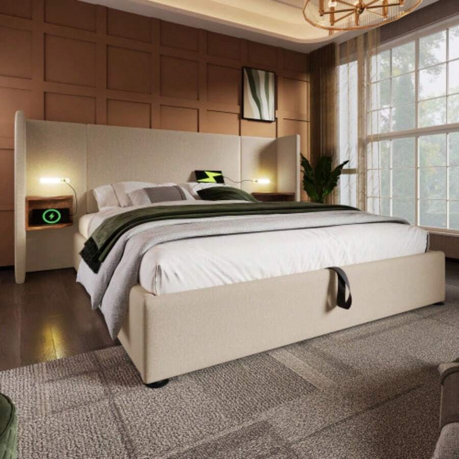 Polsterbett Doppelbett 160*200 Mit Nachttisch, Leselampe Und USB Type-C Ladefunktion, Bettanlage Stauraumbett Bettgestell Mit Lattenrost Aus Massivholz Und Metall, Beige, Leinen(Ohne Matratze) - Beige - View 1