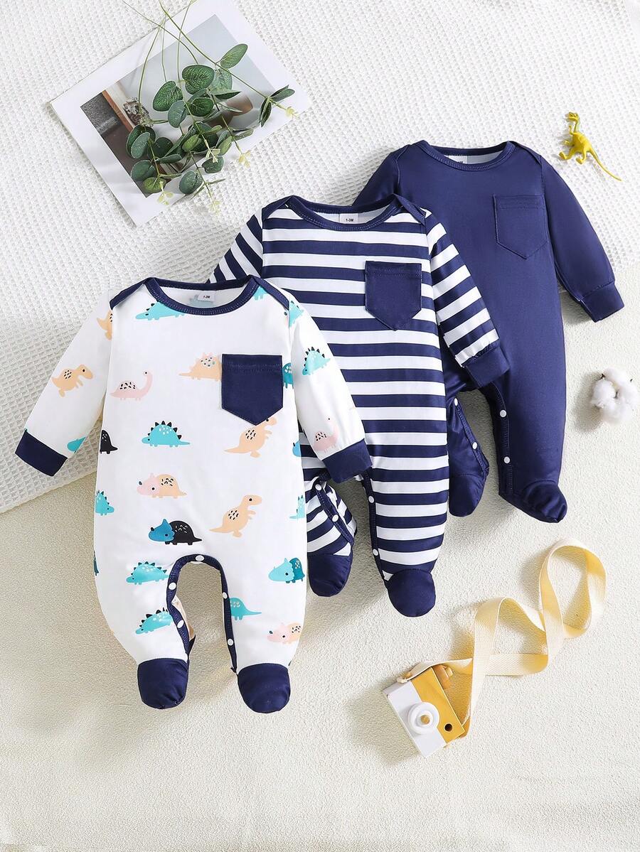 3件套男婴可爱恐龙条纹印花连体衣，四季皆宜 - 藏蓝色 - 查看 1