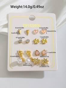 8对甜美百搭时尚花朵蝴蝶水滴形仿珍珠和水钻装饰金属色耳钉套装，适合女孩儿童派对、假期、圣诞节、新年、生日礼物及日常佩戴 - 金色 - 查看 7