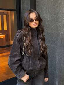 Áo khoác bomber giả da lộn dành cho nữ, áo khoác da PU, áo khoác có khóa kéo, áo khoác bóng chày tay dài phong cách đường phố, áo khoác ngoài phong cách đường phố. - Màu xám đen - Xem 7