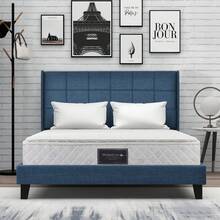 Upholstered Bed With Its Padded Headboard, Double Bed With Slatted Base, 140x200cm, In Blue Linen, Medium Firm (With Spring Mattress) - Blue - View 6