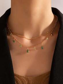 1 chiếc vòng cổ tua rua hình giọt nước xanh tối giản nhiều lớp dành cho nữ - giọt nước - Xem 5