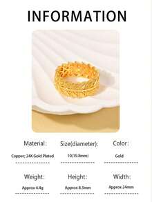 1 peça Anel com design de folha banhado a ouro 24K, estilo neutro e moderno, requintado e elegante, versátil para homens e mulheres, adequado para reuniões diárias, várias ocasiões para usar joias de alta qualidade, perfeito para presentes de Eid