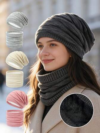 1 set Bonnet doublé thermique et cache-cou - Ensemble bonnet et écharpe en tricot point d'ananas, accessoire de couleur unie chaud pour les activités extérieures quotidiennes des adultes, cadeau de la Saint-Valentin