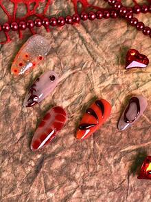 10片/套 女士按压式杏仁形美甲贴纸，手工酒红色美甲贴花，可重复使用亚克力亮面全覆盖假指甲套装，含指甲胶水和刷子，适合新年派对、情人节、日常佩戴或作为礼物 - 查看 5