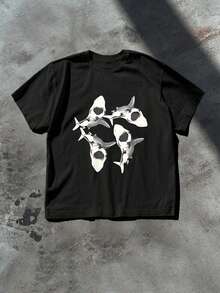Edgy Shark Graphic Tee Bold Street Style Print  Casual Fashion Top,Comfortable Casual Short Sleeve, 220 Grams Heavyweight Cotton Printed T-Shirt - 黑色 - 查看 1