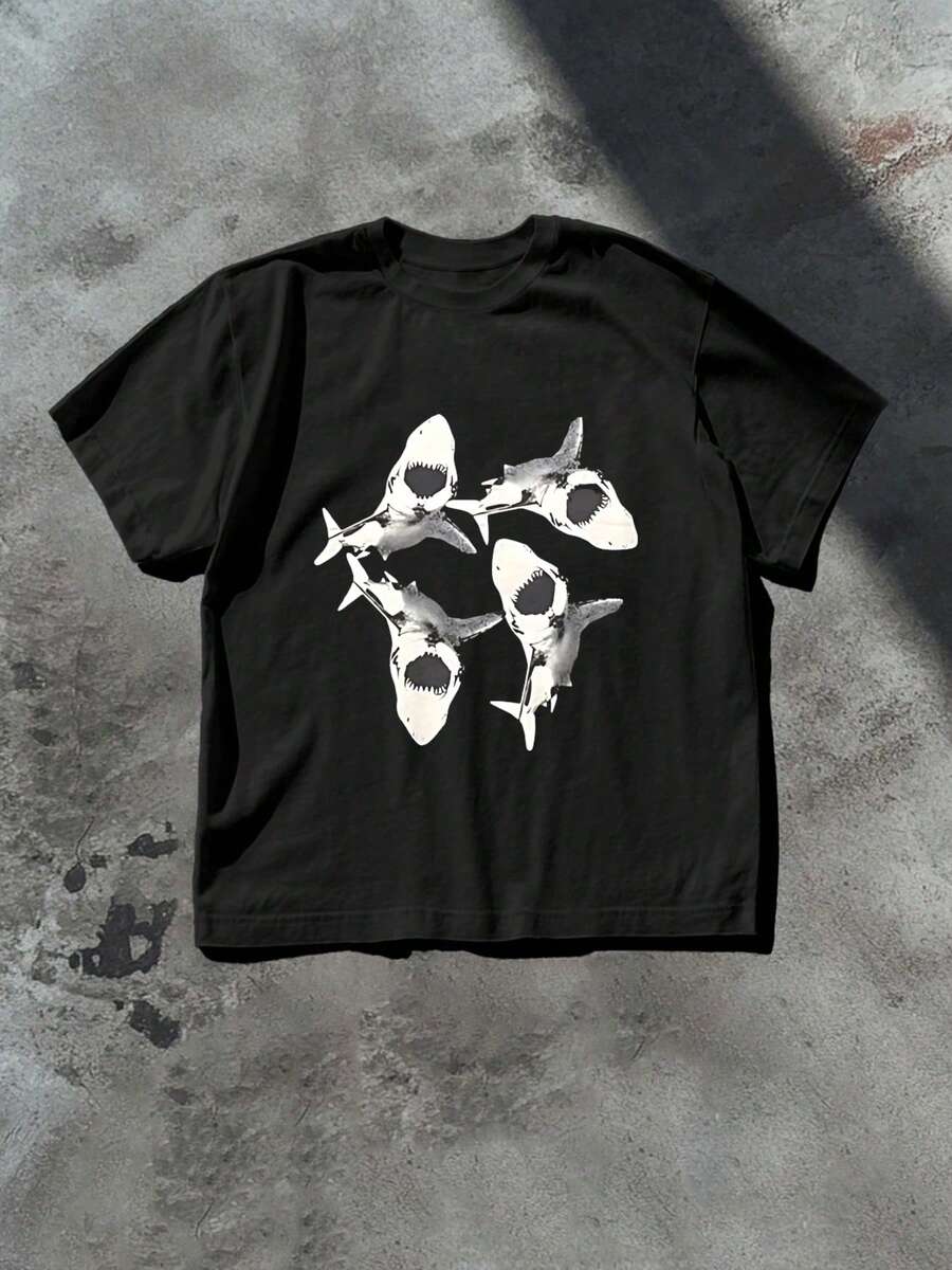 Edgy Shark Graphic Tee Bold Street Style Print Casual Fashion Top,Comfortable Casual Short Sleeve, 220 Grams Heavyweight Cotton Printed T-Shirt - 黑色 - 查看 1