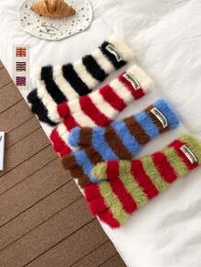 甜美彩虹条纹仿毛皮针织露指手套，女士长款羊毛针织手套，秋冬季，学生，骑行，保暖且触屏友好 - 條紋仿兔毛 - 查看 3