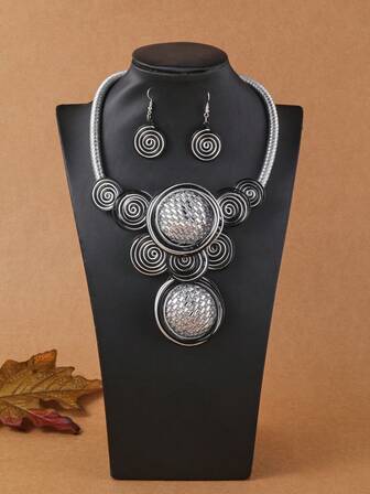 Exaggerated Multi-Layer Resin Pendant, Aluminum Wire Woven Handmade Beaded Necklace & Earrings, Fashionable Vintage Bohemian Style For Party, Wedding, Vacation