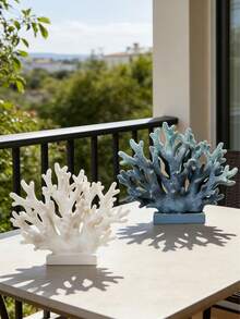 1pc Blue & White Coral Figurine, Resin Coral Statue, Suitable For Outdoor Garden, Tabletop Decor, As Well As Home, Bedroom, Bathroom, Living Room, Beach/Coastal/Ocean Themed Cabinet, Shelf And Tabletop Decoration, Fits Various Occasions