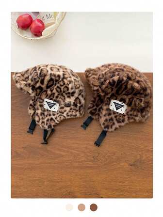 复古豹纹加厚绒面乌沙卡帽，男女通用保暖防风护耳飞行员帽，秋冬款